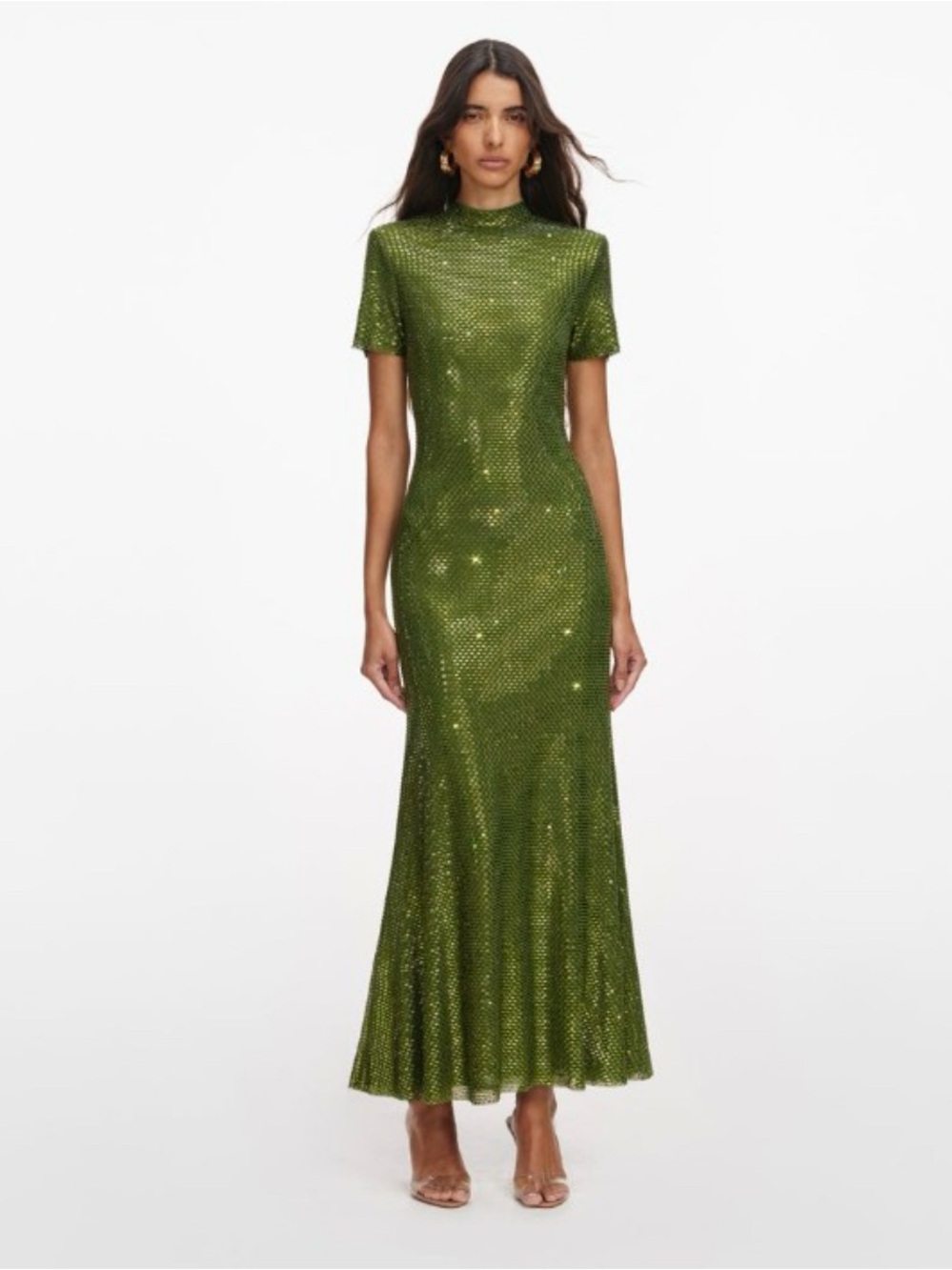Self-Portrait Olive Rhinestone Mesh Midi Dress | Size 8 | NWOT | $895 Retail